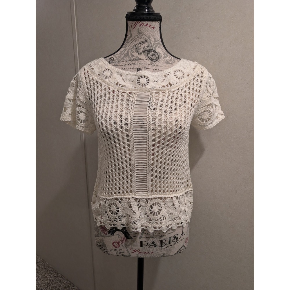 H&M Off White Crochet Lace Open Knit Boho Festival Top Cottagecore Women's XS‎